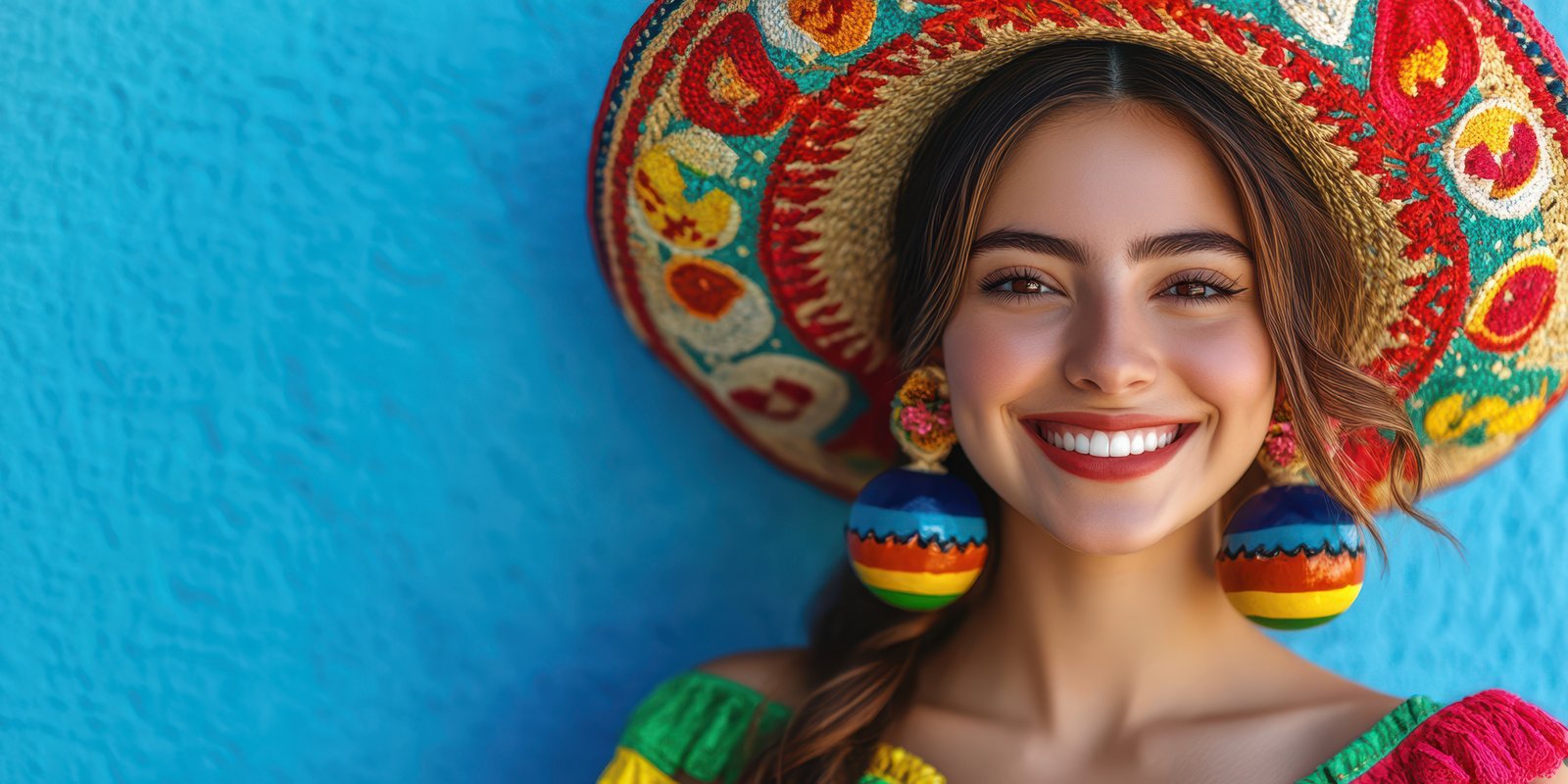 Young woman wearing colorful traditional attire and large sombrero smiles brightly in front of a textured blue wall